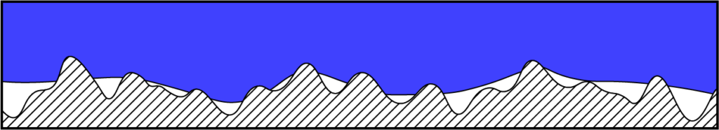 A striped shape resembling the silhouette of a mountain range with a blue background. A curved white line intersects the mountains, shading the valleys in white